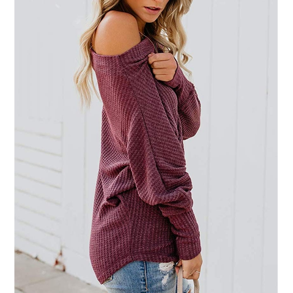 New Slouchy Off shoulder Waffle Knit Sweater Top - Picture 3 of 8